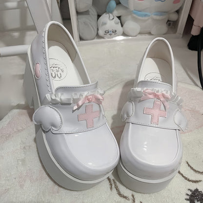 Jirai Kei Pink Yami Kawaii Cross Bowknot Platform Loafers