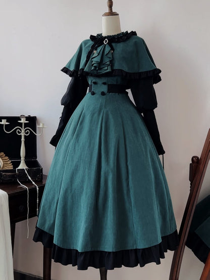 Dark Academia Green and Black Leg-of-Mutton Sleeves Lolita Dress