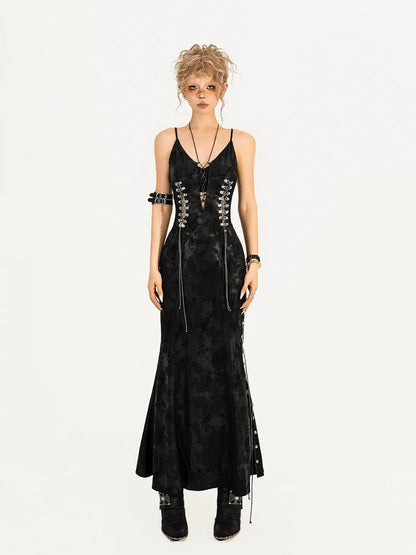 Dress Gothic Midi Slip Chain Slit High Suede Black Thigh with