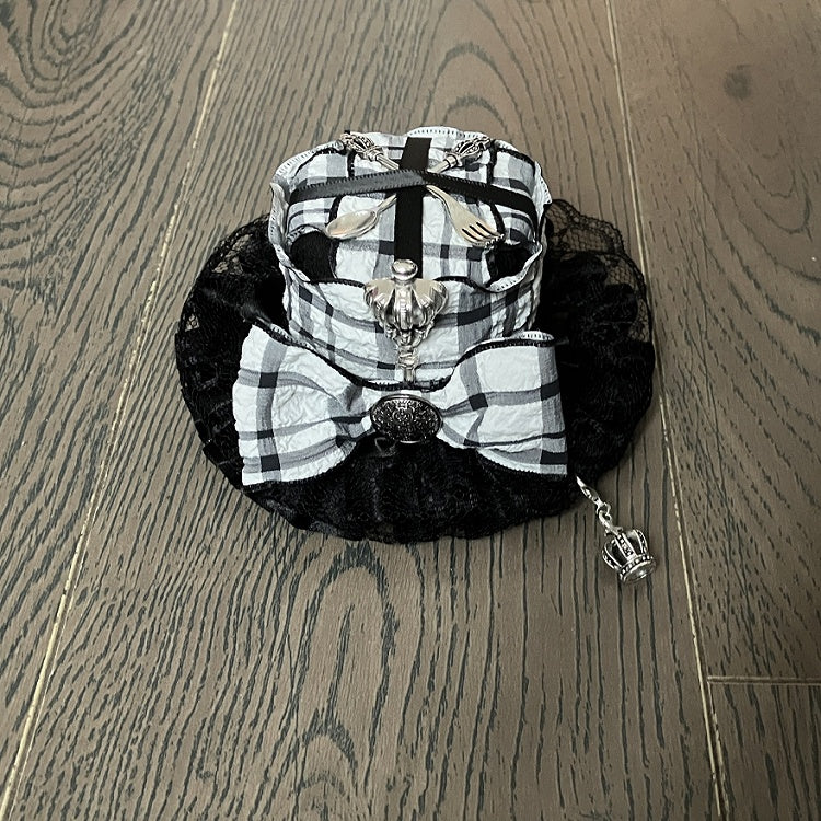 Mini Charm Scoop Pattern Crown Plaid Decorated BlackWhite Hat Bowknot And Fork