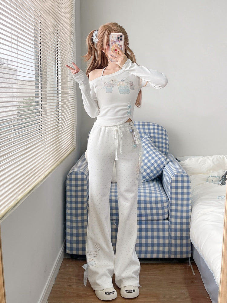 White Blue Flared Pants Version Regular/Long Polka-Dot Lace Bow Adorable Kitten Print