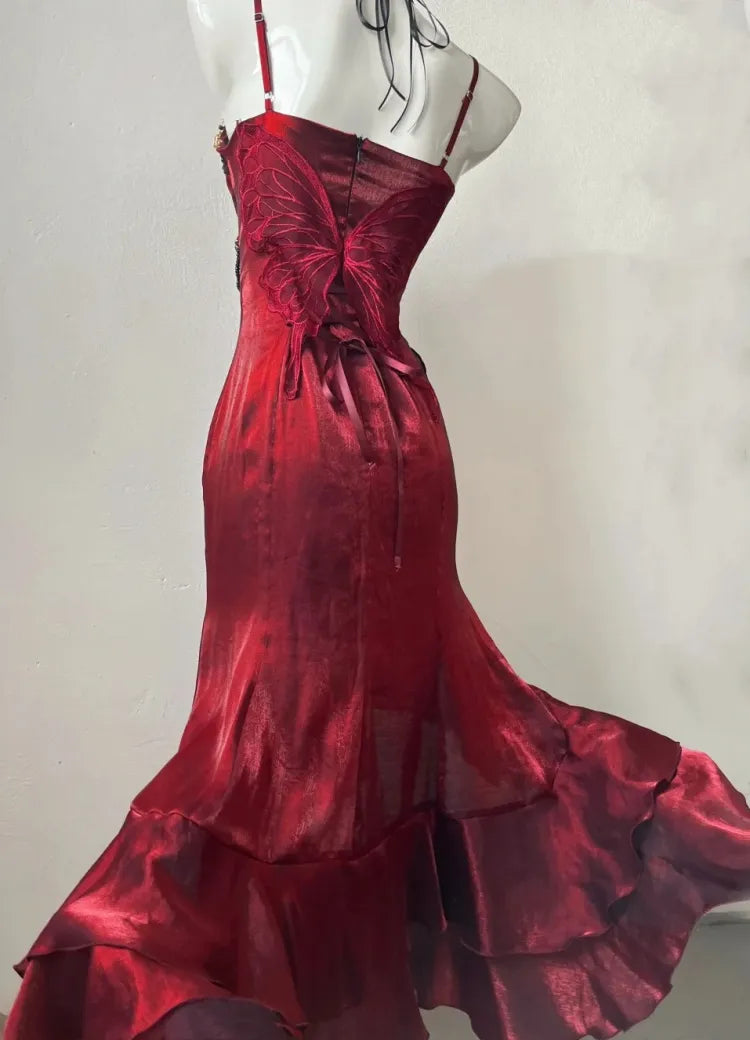 Flounce Sleeves Gown Mermaid Dress Rosette Evening Detachable with Red Burgundy