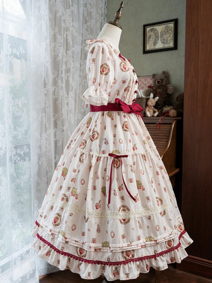 Strawberry Print Pink House Beige Short Sleeves Lolita Dress