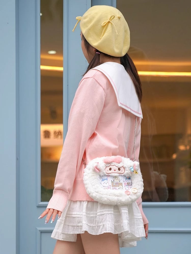 Bowknot Decorated Lamb Crossbody Bag White Plush Ita Cute