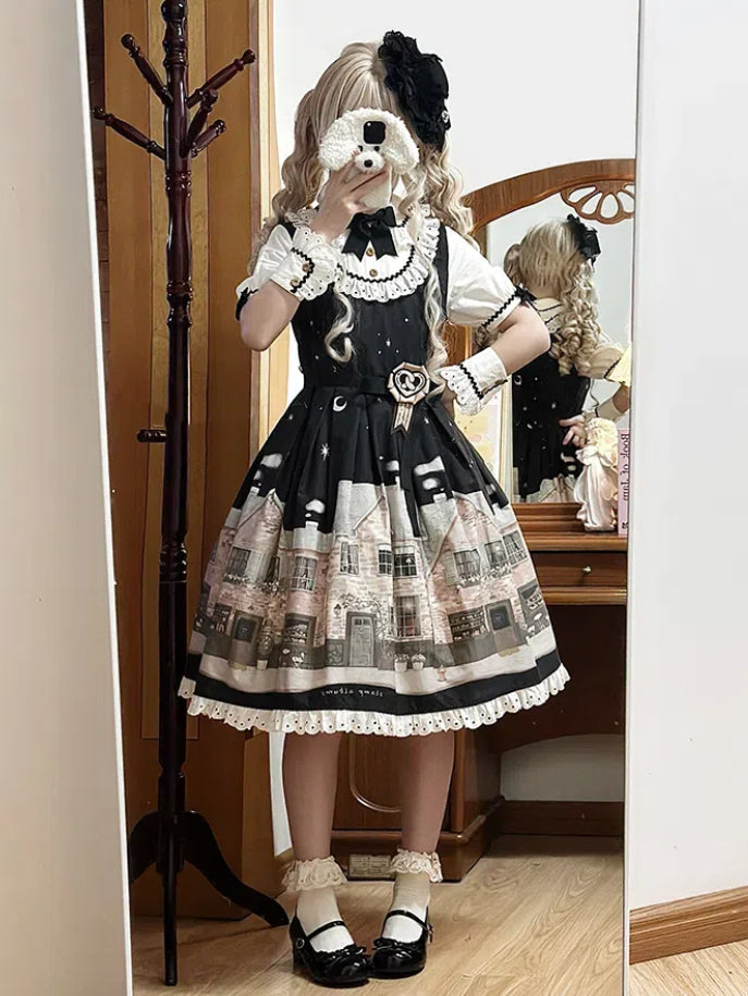 Bakery Black Dress Short and Sleeves Lolita Night Print Starry