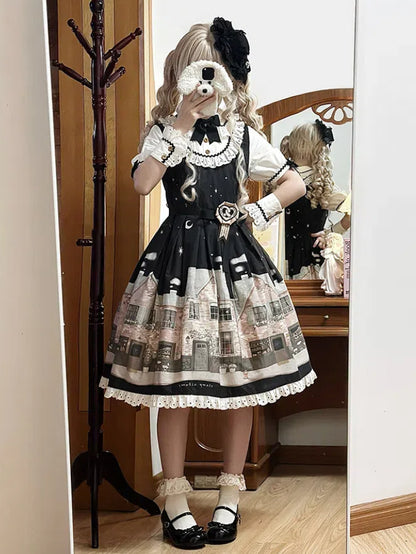 Bakery Black Dress Short and Sleeves Lolita Night Print Starry