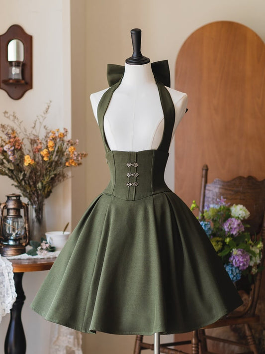 Green Short Version Vintage Boned Corset Belt High Waist Skirt with Detachable Halter Strap