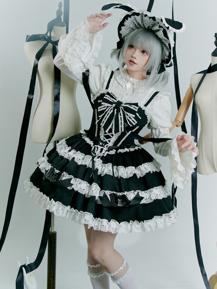 Black and White Old School Bowknot Details Lace Accents Balletcore Dress Lolita Jumper Skirt