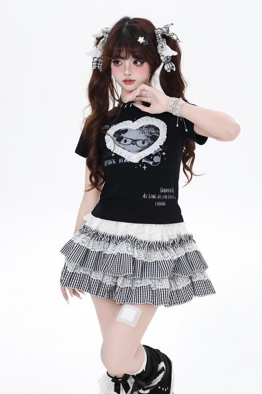 T-Shirt Lace Trim Round Cute Neck Sweet