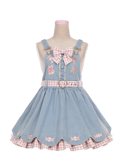 Light Blue Candies Sweet Denim Overall Dress Scalloped Edge Trim Skirt