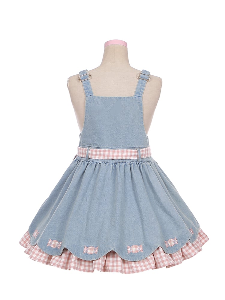 Light Blue Candies Sweet Denim Overall Dress Scalloped Edge Trim Skirt