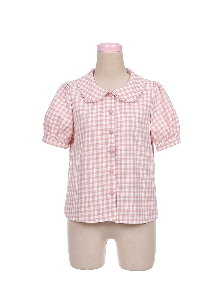 Pink Peter Pan Collar Plaid Short Puff Sleeves Shirt