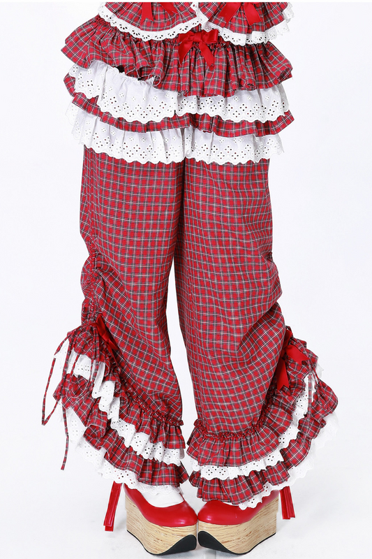 Check Lace Ruffle Retro Long Pants
