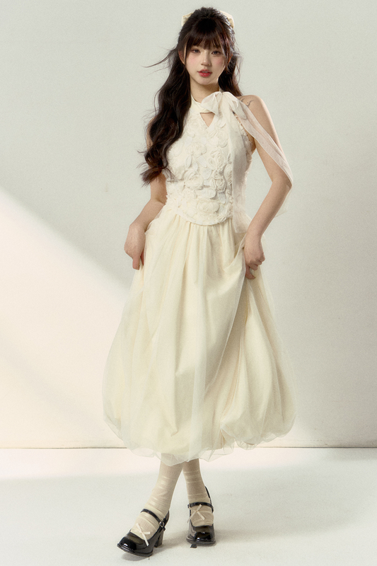 Long + Sweet Sleeveless Short Flower French Skirt Balloon Top