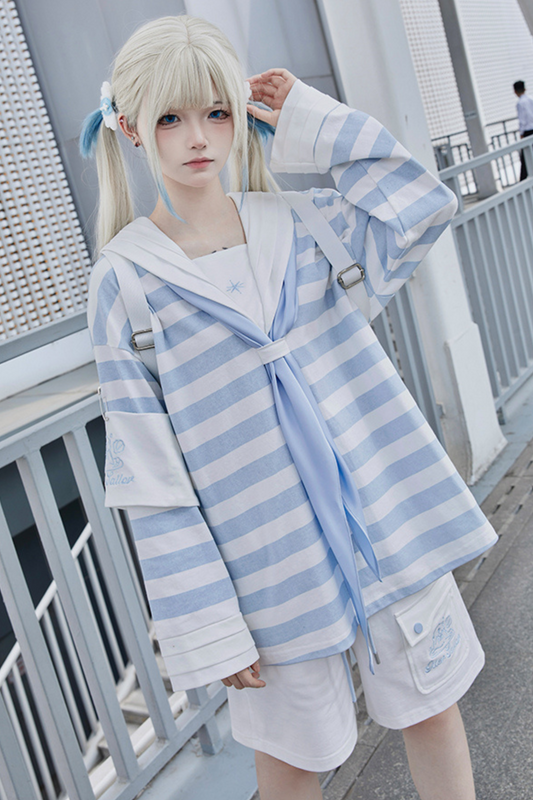 Sailor Neighborhood👼 Reserved Pants Subculture Tops Striped Collar Half Angel + Item