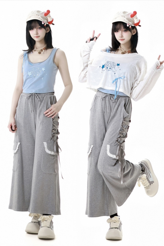 One-shoulder top + pants lace-up camisole