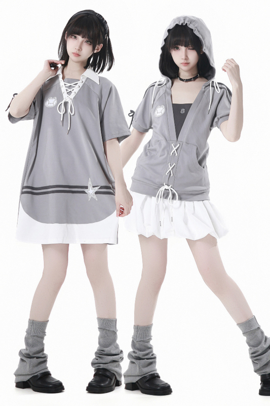 hooded skirt Lace-up top + loose t-shirt balloon