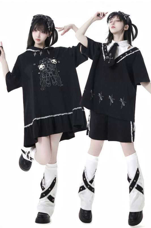 Loose Pants Top Frilled Hooded + Warmers Leg Half Dress Nektor