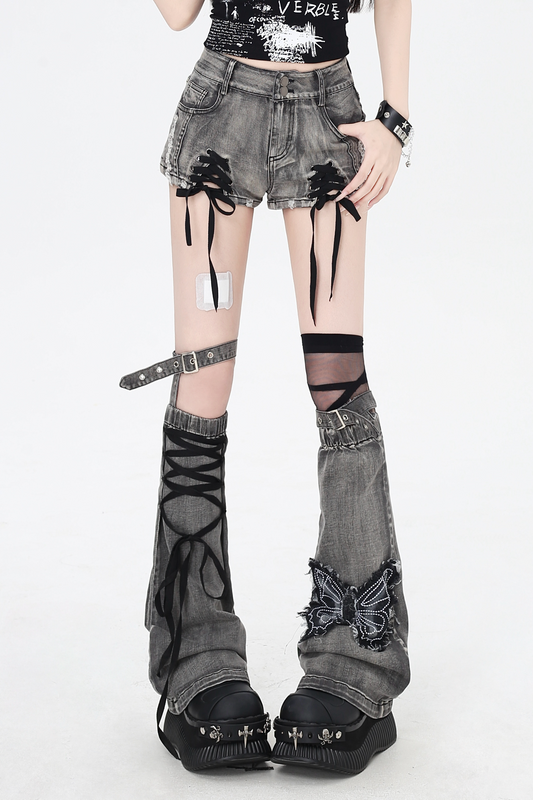 shorts Colored ribbon denim lace-up