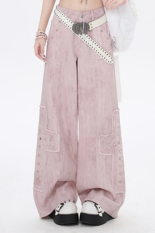 Pink High Work Straight Pants Leg Denim Waist