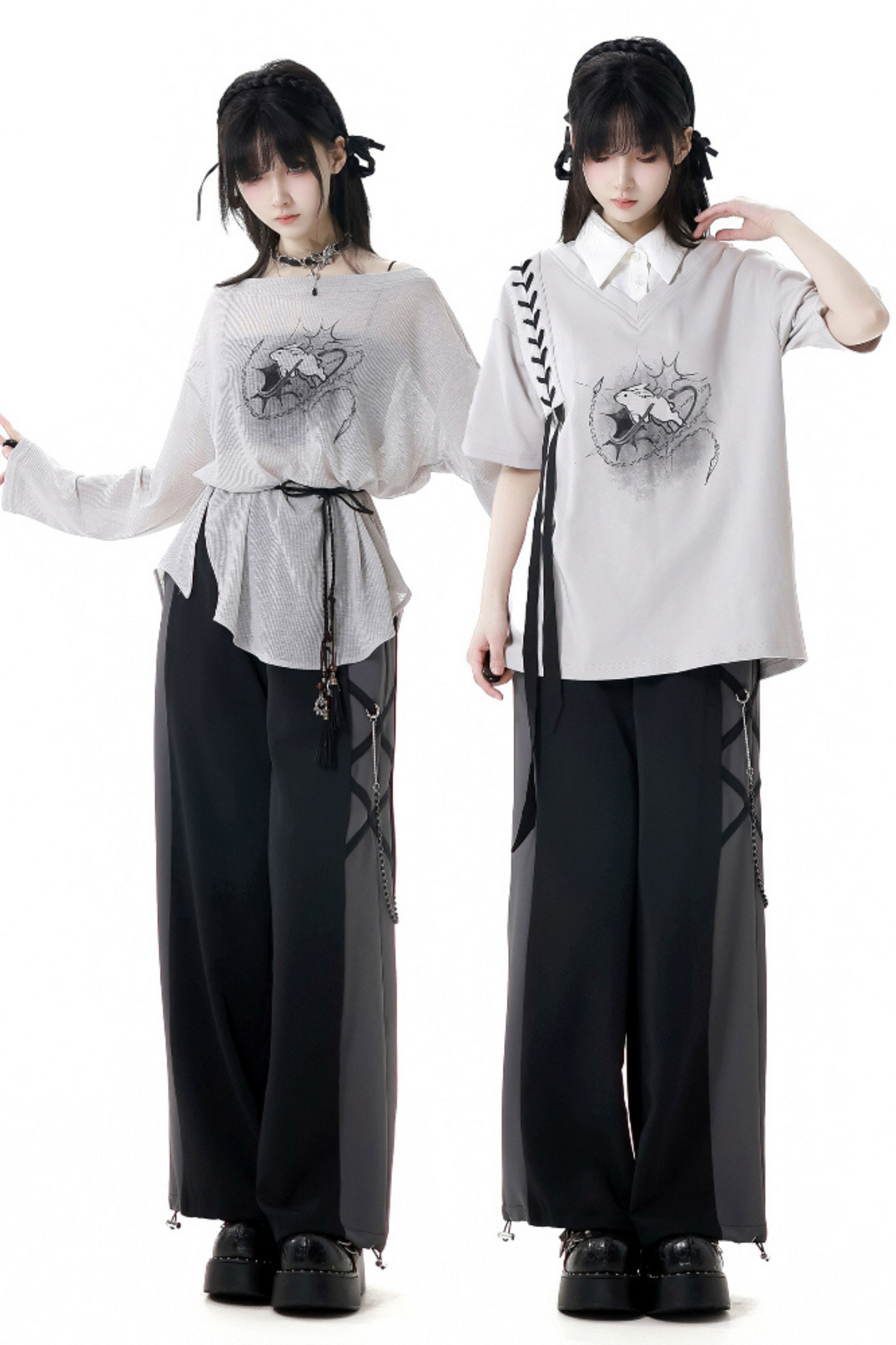 Mode top T-shirt pants wide + design lace-up waist
