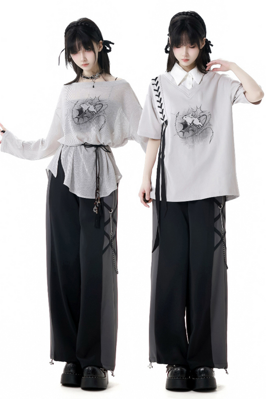 Mode top T-shirt pants wide + design lace-up waist