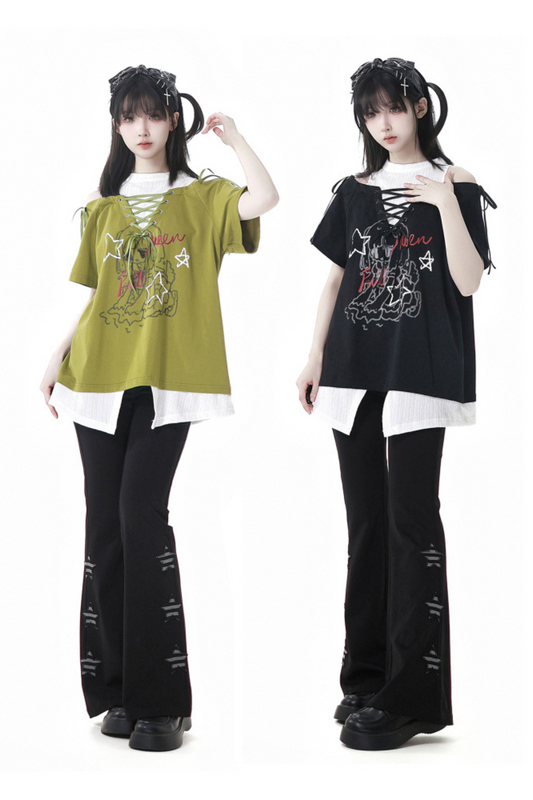 Lace-Up Flared Pants Illustrated Top Subculture + Girl