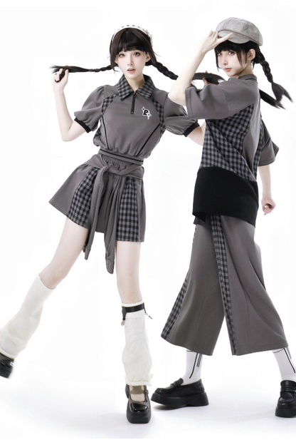 Mode Top Check Pants Skirt Casual Wide +