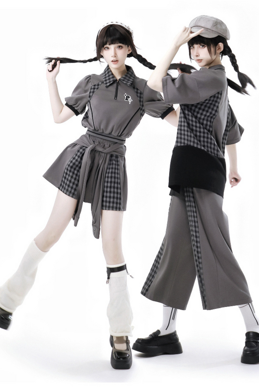 Mode Top Check Pants Skirt Casual Wide +