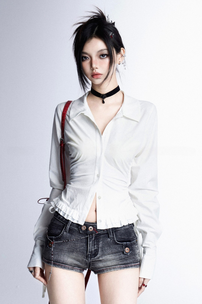 Vネック モデストプリーツブラウス スリム