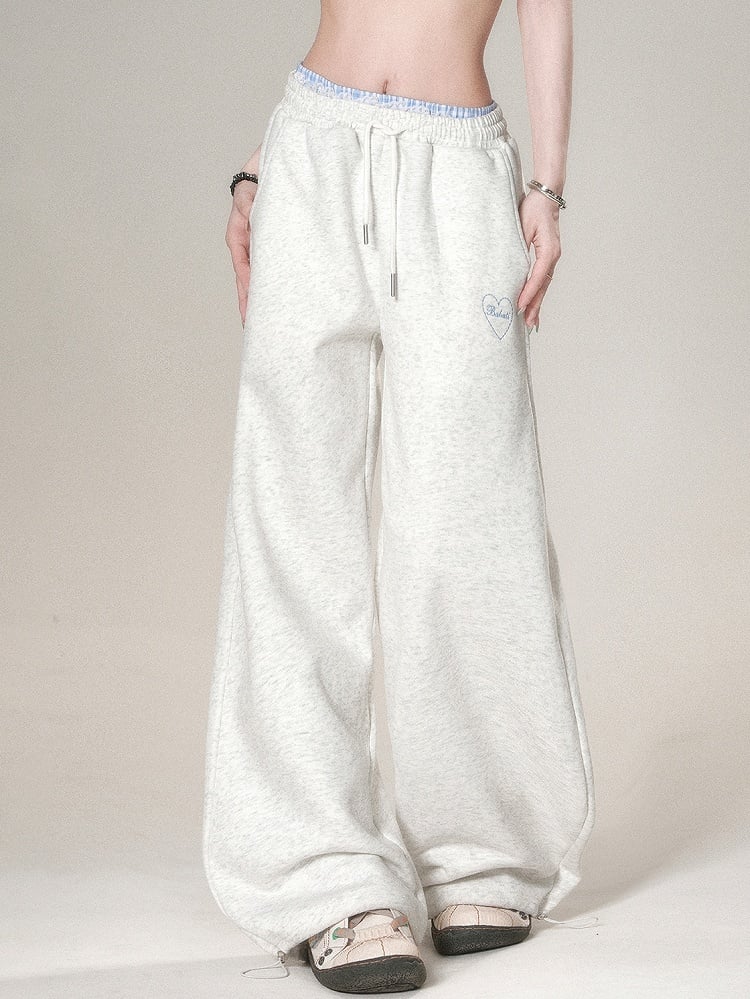Embroidery Light Wide-leg Gray And Cut Letter Pants Trim Heart Lace