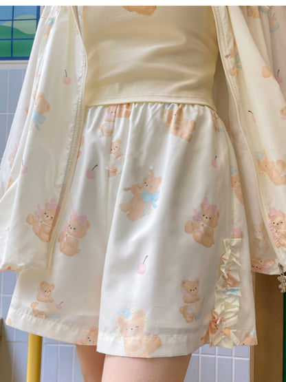 Shorts Light Yellow Elastic Waist Cute Bear Print Casual