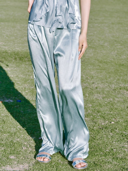 Vintage Blue Ruffle Accents Top and Straight-leg Cut Pants