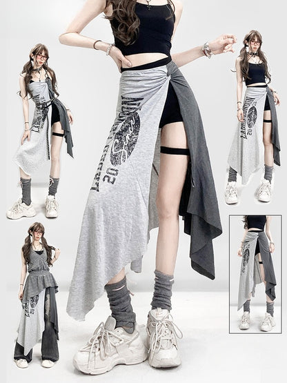 Shorts Hem Black Slit With Letter Asymmetrical Side Skirt Gray Print Glamorous