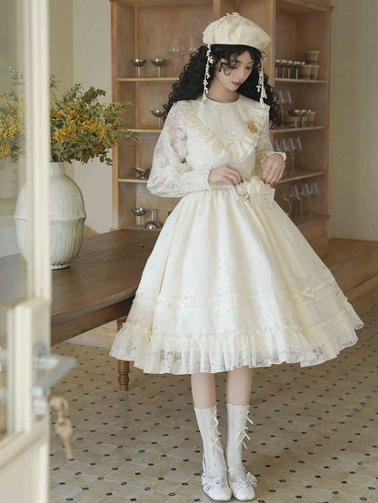 Beige Elegant Sleeves Classic Spring Lolita Dress Embroidery Semi-sheer Harp Long