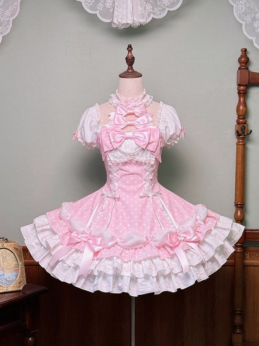 Ärmel Polka und Pink Alt mit Kleid Lolita Akzente Schleife Hals Neckholder Dot Puff Schule