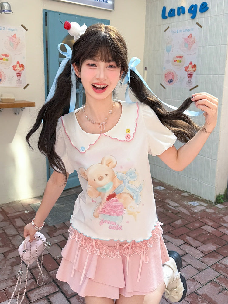 Cartoon Bear Print Hem White Peter Pan Collar Puff Sleeve Contrast Lettuce T-Shirt