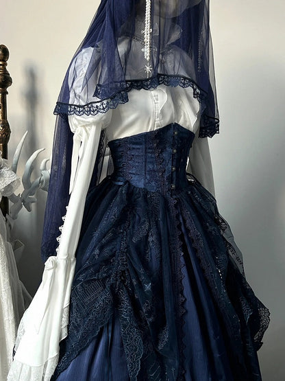 Dark Blue Gothic Lolita Corset Belt with Drawstring Design Cathedral Overlay