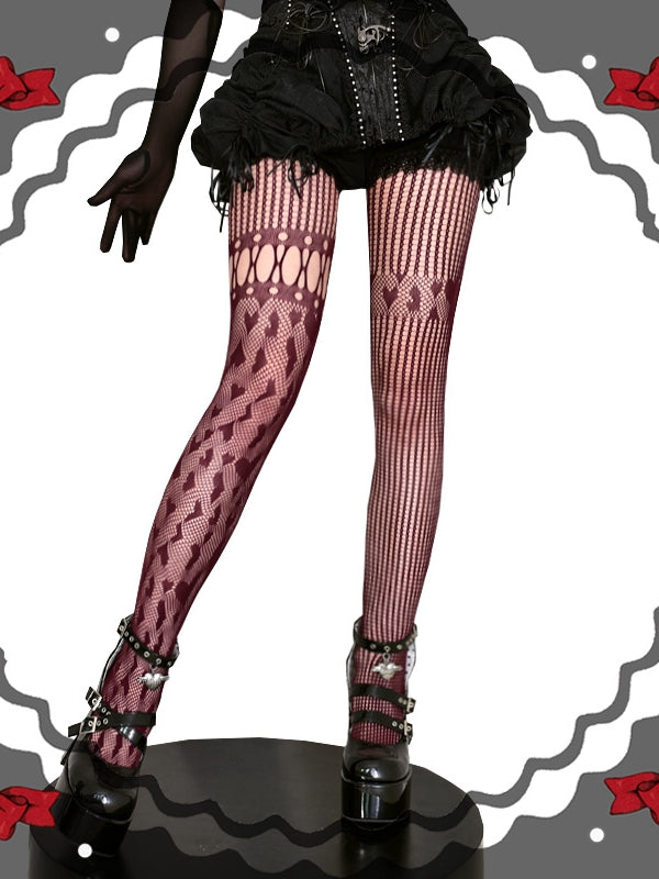 Black / Red / White Heart Pattern Asymmetrical Fishnet Tights