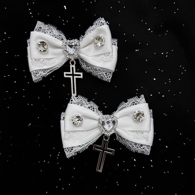 Jirai Kei Rhinestones Adorned Cross Charm Bowknot Hairclips