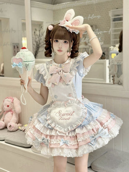 Lolita Blue Bunny Pink Maid and Puff Theme Sleeves Dress Sweet