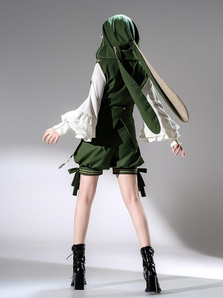 Prince Bunny Charm Silver Ouji Strings Hooded Ears Feather with Oversized Lolita Green Waistcoat