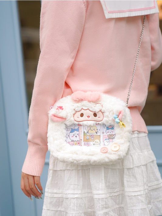 Bowknot Decorated Lamb Crossbody Bag White Plush Ita Cute