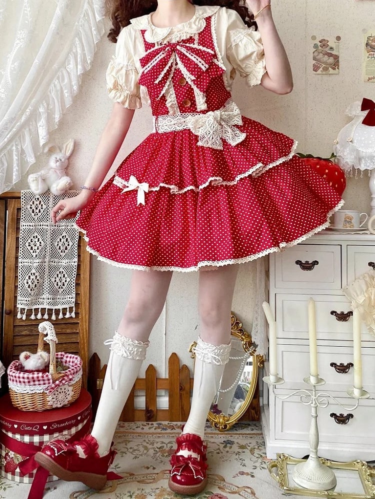 Overall Old Pattern Lolita School Polka-dot Red Dress