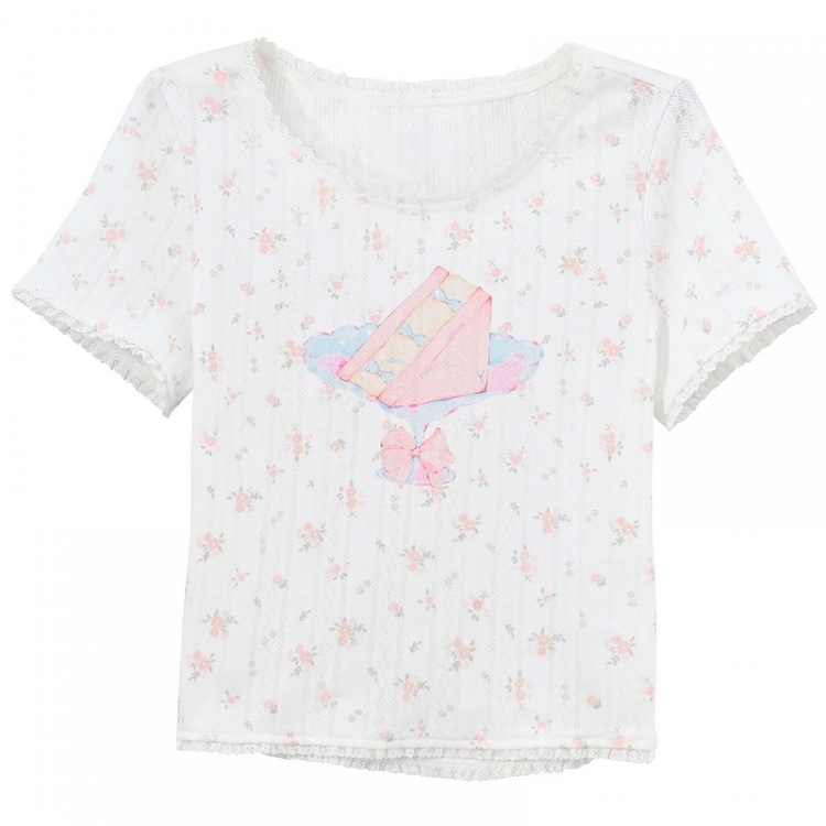 Lace White Cake Print Trim Sweet Floral T-Shirt