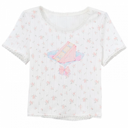 Lace White Cake Print Trim Sweet Floral T-Shirt