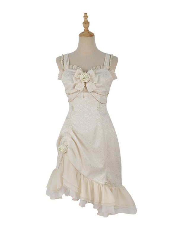 Lolita Mermaid Rose Hemline Ruffle Jacquard Ivory Decoration Detail Bead JSK