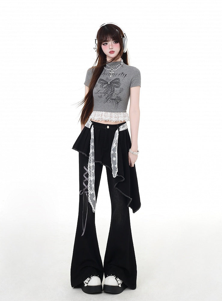 Bow Print Glamorous Cropped Neck Lace Hem T-Shirt Gray/White Mock