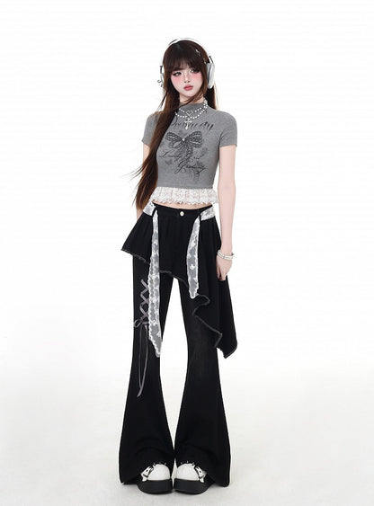 Bow Print Glamorous Cropped Neck Lace Hem T-Shirt Gray/White Mock