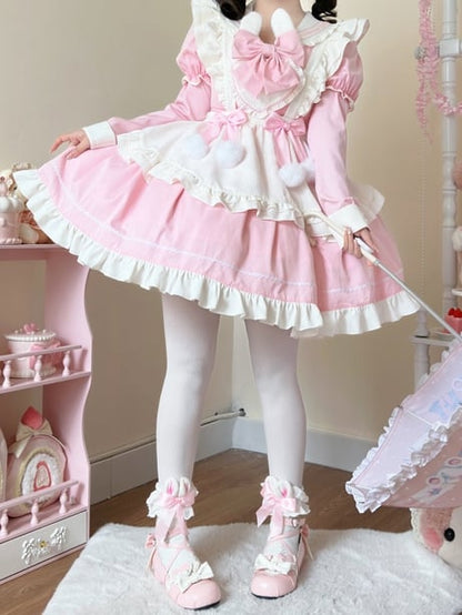 Ears Sleeves Short Sailor Apron Lolita Dress Pink Maid Bunny White with Collar